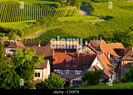 Am Abend Sonnenlicht über das mittelalterliche Dorf Hunawihr entlang der Weinstraße, Elsass Haut-Rhin-Frankreich Stockfoto