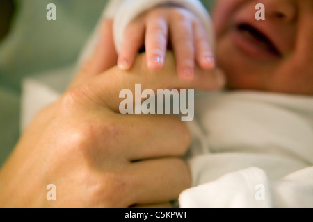 Neugeborenen-Hand auf der Seite der Mütter.  Neugeborenes Baby Hand.  Schreiendes Baby Mütter Hand hält. Stockfoto