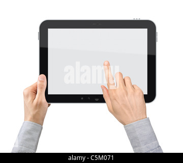 Geschäftsmann Hände halten und Punkt auf Touchscreen tablet-pc. Isoliert auf weiss. Stockfoto