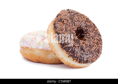 Ein rosa vereist und ein Schokoladen Eis Donut Stockfoto