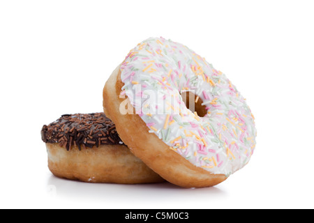 Ein rosa vereist und ein Schokoladen Eis Donut Stockfoto