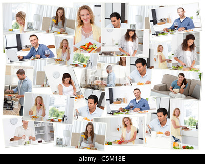 Montage von jungen Erwachsenen, Kochen und Essen Stockfoto