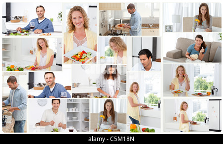 Montage von jungen Erwachsenen vorbereiten und Essen Stockfoto