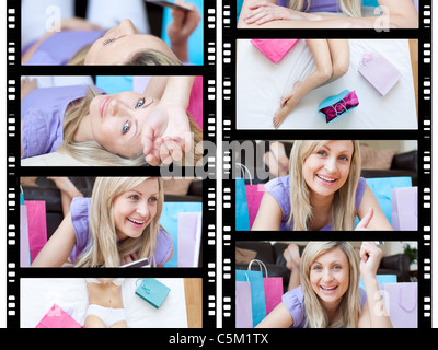 Collage aus einer attraktiven blonden jungen Frau Stockfoto