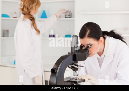 Dunkelhaarige Wissenschaftler unter Verwendung eines Mikroskops mit ihrer Assistentin Stockfoto