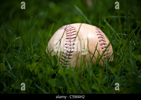 Ein Alter und abgenutzter Baseball sitzen in dem grünen Rasen. Stockfoto