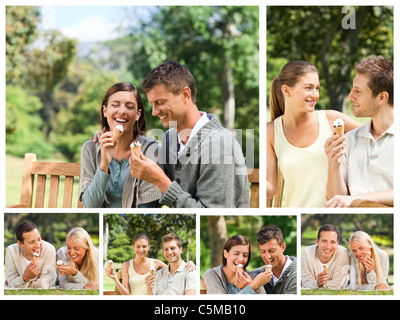 Collage aus schöne Paare essen Eis in einem park Stockfoto