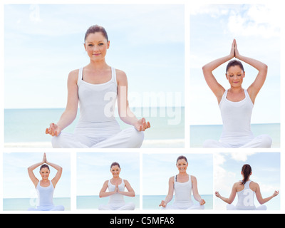 Collage von einer jungen Frau, Yoga zu praktizieren Stockfoto