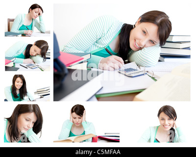 Collage von einer jungen Frau, studieren Stockfoto