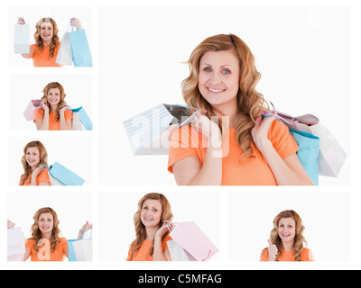 Collage von einer Frau mit Einkaufstüten Stockfoto