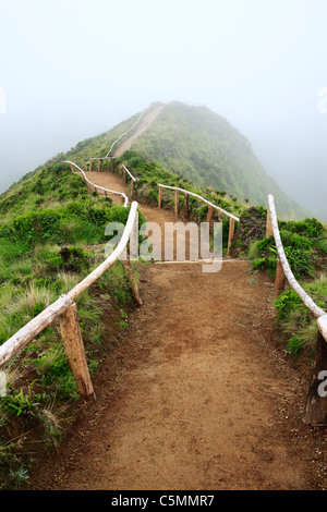 Leere Wanderweg in nebligen Wetter. In der Nähe Sete Cidades Krater. Insel Sao Miguel, Azoren, Portugal. Stockfoto