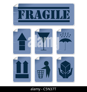 Schlecht geklebte Aufkleber, Transport-Symbole in Blautönen, isoliert und gruppierte Objekte vor weißem Hintergrund festlegen Stockfoto