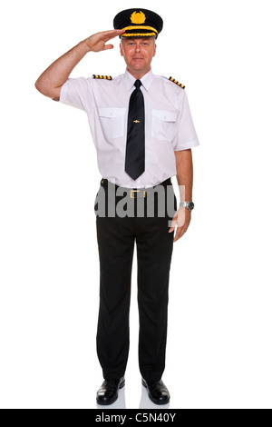 Foto von einem Airline-Piloten tragen vier bar Kapitäne Epauletten salutieren, isoliert auf einem weißen Hintergrund. Stockfoto