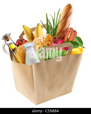 Papier Tasche mit Essen auf einem weißen Hintergrund. Datei enthält einen Pfad in die Isolation. Stockfoto
