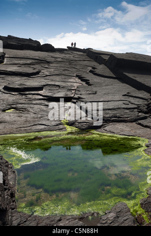 Meerwasser-Pool auf Schiefer Felsen an der Westküste von Valentia Island Co Kerry Irland, mit zwei Figuren auf skyline Stockfoto