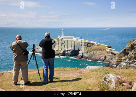 Vogelbeobachter mit Fernglas Sea Watch und Vögel auf Klippen mit South Stack Leuchtturm auf Ynys Lawd heiligen Insel. Isle of Anglesey Wales UK Stockfoto