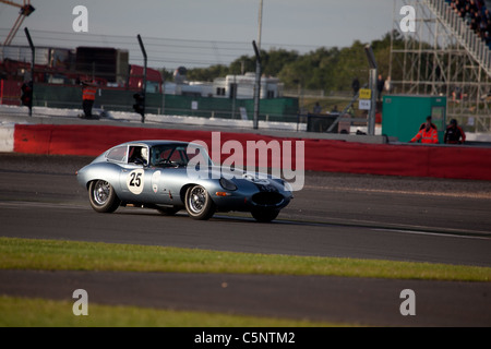 E-Type Jaguar racing in der E-Type Challenge bei der Silverstone Classic 2011. Stockfoto