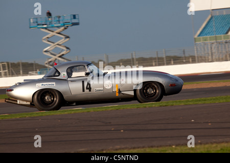 E-Type Jaguar racing in der E-Type Challenge bei der Silverstone Classic 2011. Stockfoto