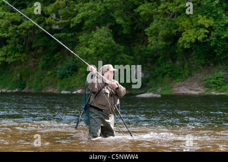Fischer-Fliegenfischen auf Lachs am Fluss Tweed, Scottish Borders, Schottland Stockfoto