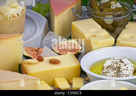 eine reichhaltige Käseplatte bedeckt als Buffet, bestehend aus einer Vielzahl von Schweizer Käse Stockfoto