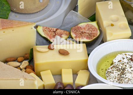 eine reichhaltige Käseplatte bedeckt als Buffet, bestehend aus einer Vielzahl von Schweizer Käse Stockfoto