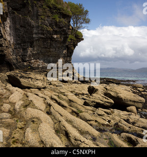 Überhängende Bäume auf erodierten felsigen Klippen am Ufer des Loch ich in der Nähe von Elgol, Isle Of Skye, Schottland Stockfoto