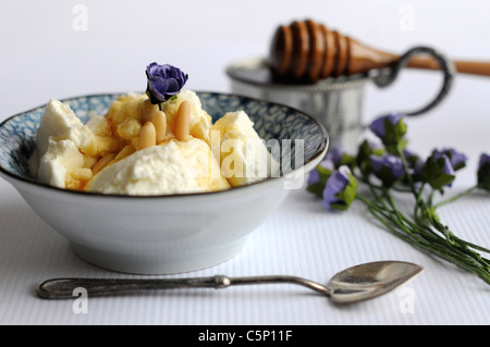 Griechischer Joghurt mit Honig und Pinienkernen Stockfoto
