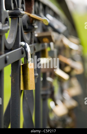 Viele Metall Schlösser hängen auf schwarzen Zaun, Sicherheitskonzept Stockfoto