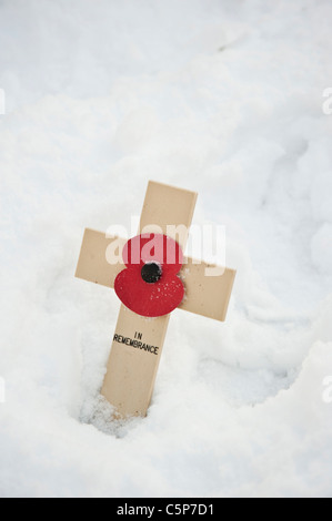 Gedenkkreuz im Schnee Stockfoto