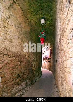 Belves Stadt. Dordogne-Frankreich. Lebendige mittelalterliche Stadt. Tunnel/Korridor durch alte Stadtmauer. Stockfoto