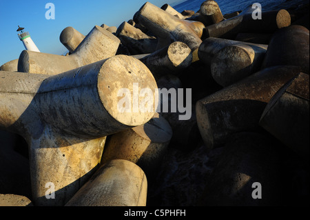 Großes Konzert Blöcke schützen den Eingang zum kleinen Handwerk-Hafen Santa Cruz in Kalifornien am 15. April 2011.  OSTASIATISCHE FOTOS Stockfoto