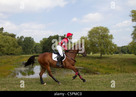 Cross Country Lakeside Galopp, Agilität, Wettbewerb, Kurs, Reiten, Pferd, springen, springen, Rennen, Erfolg, Wettbewerb, Galopp, Galopp, Pferd, Pferd, Säugetier, Bewegung, Reiter, reiten, zeigen, Geschwindigkeit, Splash, Spray, Turnier, Cross Country, Event, reiten, Sport, Tier, Land, Gras, in Bewegung, Natur, im Freien, Wasser, Land Reiten auf dem Cholmondeley Castle Horse Trials, UK, 2011, Cheshire Stockfoto