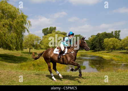 Cross Country Lakeside Galopp, Agilität, Wettbewerb, Kurs, Reiten, Pferd, springen, springen, Rennen, Erfolg, Wettbewerb, Galopp, Galopp, Pferd, Pferd, Säugetier, Bewegung, Reiter, reiten, zeigen, Geschwindigkeit, Splash, Spray, Turnier, Cross Country, Event, reiten, Sport, Tier, Land, Gras, in Bewegung, Natur, im Freien, Wasser, Land Reiten auf dem Cholmondeley Castle Horse Trials, UK, 2011, Cheshire Stockfoto