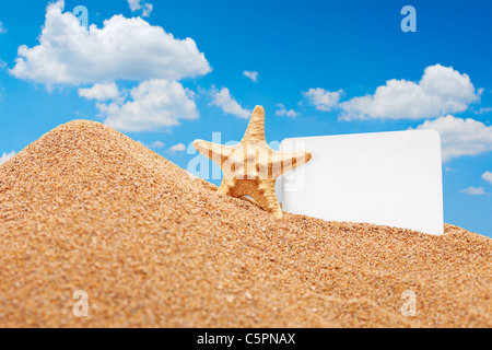 Ein Blick auf ein Seestern und eine weiße Karte am Strand Stockfoto