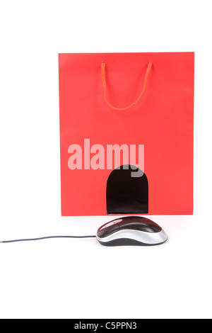 Isolierte Einkaufstasche und Computer-Maus, Konzept des e-Commerce Stockfoto