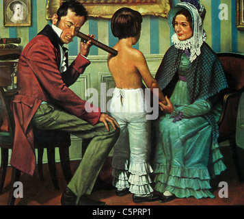 Dr. Théophile Laennec entwickelt hohlen hölzernen Zylinder zum Abspielen von Sounds im Patienten Truhen. der Beginn der Stethoskope. Stockfoto