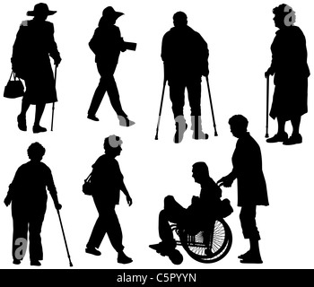 Silhouette von alten und behinderten Menschen. Stockfoto