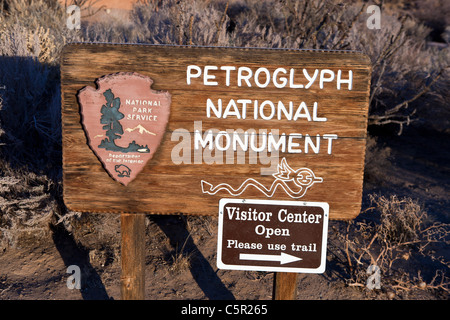 National Park Service willkommen Schild Visitor Center, Petroglyph National Monument, Albuquerque, New Mexico, USA Stockfoto