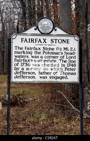 FAIRFAX STEIN. Die Fairfax-Stein (1/2 Mi. E.), Kennzeichnung der Potomac Quellgebiet, wurde eine Ecke des Lord Fairfax große Anwesen. Stockfoto