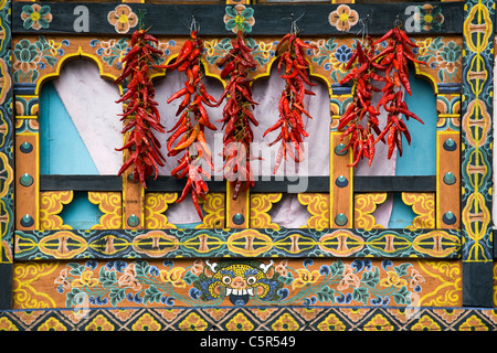 Rote Chili/Paprika trocknen vor dem bunten Fenster in Paro, Bhutan Stockfoto