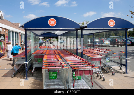 Einkaufswagen außerhalb Sainsburys Supermarkt, Epsom, Surrey, England, UK Stockfoto