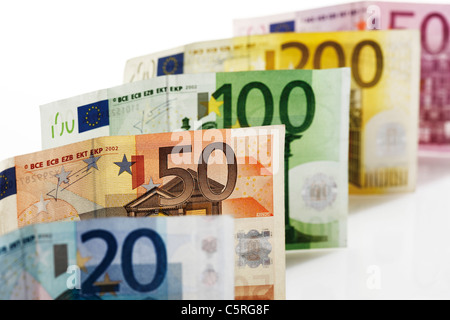 Verschiedenen Euro-Banknoten in einer Reihe, Nahaufnahme Stockfoto
