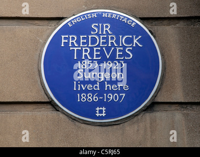 Blaue Plakette für Chirurgen Sir Frederick Treves (von Elephant Man Ruhm), London Stockfoto