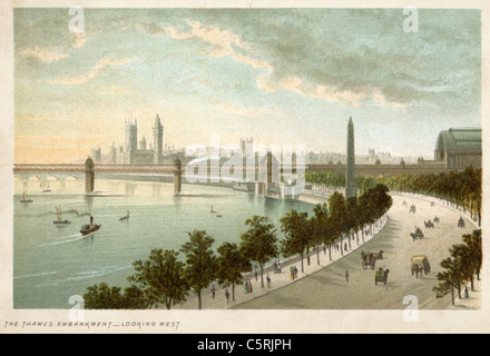 Die Thames Embankment aus dem Westen, London, England im 19. Jahrhundert Stockfoto