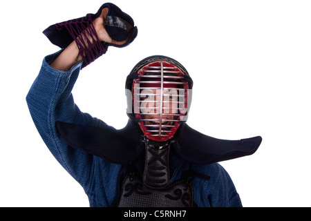 Frau in Kendo Uniform Sieg zum Ausdruck zu bringen. Stockfoto