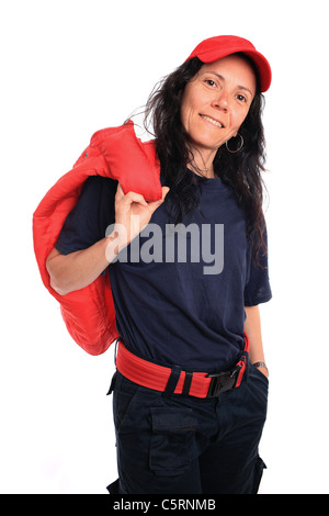 Reife Firewoman mit positiven Ausdruck, isoliert auf weiss. Stockfoto