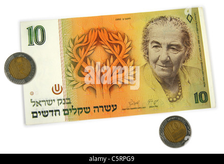 10 neue Sheqalim, Münzen und Papiergeld, abbildenden Golda Meir, der vierte Premierminister des Staates Israel. Stockfoto