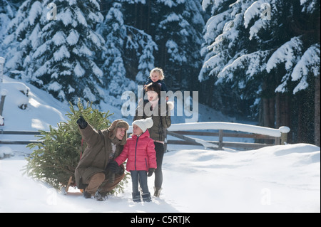 Österreich, Salzburger Land, Flachau, Blick auf Familie mit Weihnachtsbaum und Schlitten im Schnee Stockfoto