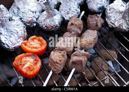 Deutschland, Nordrhein-Westfalen, Düsseldorf, Nahaufnahme von Schaschlik Speeren, Tomaten und Zwiebeln in Alufolie auf den Grill Stockfoto