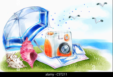 Turban Muscheln und Polaroid und Sonnenschirm am Meer Stockfoto